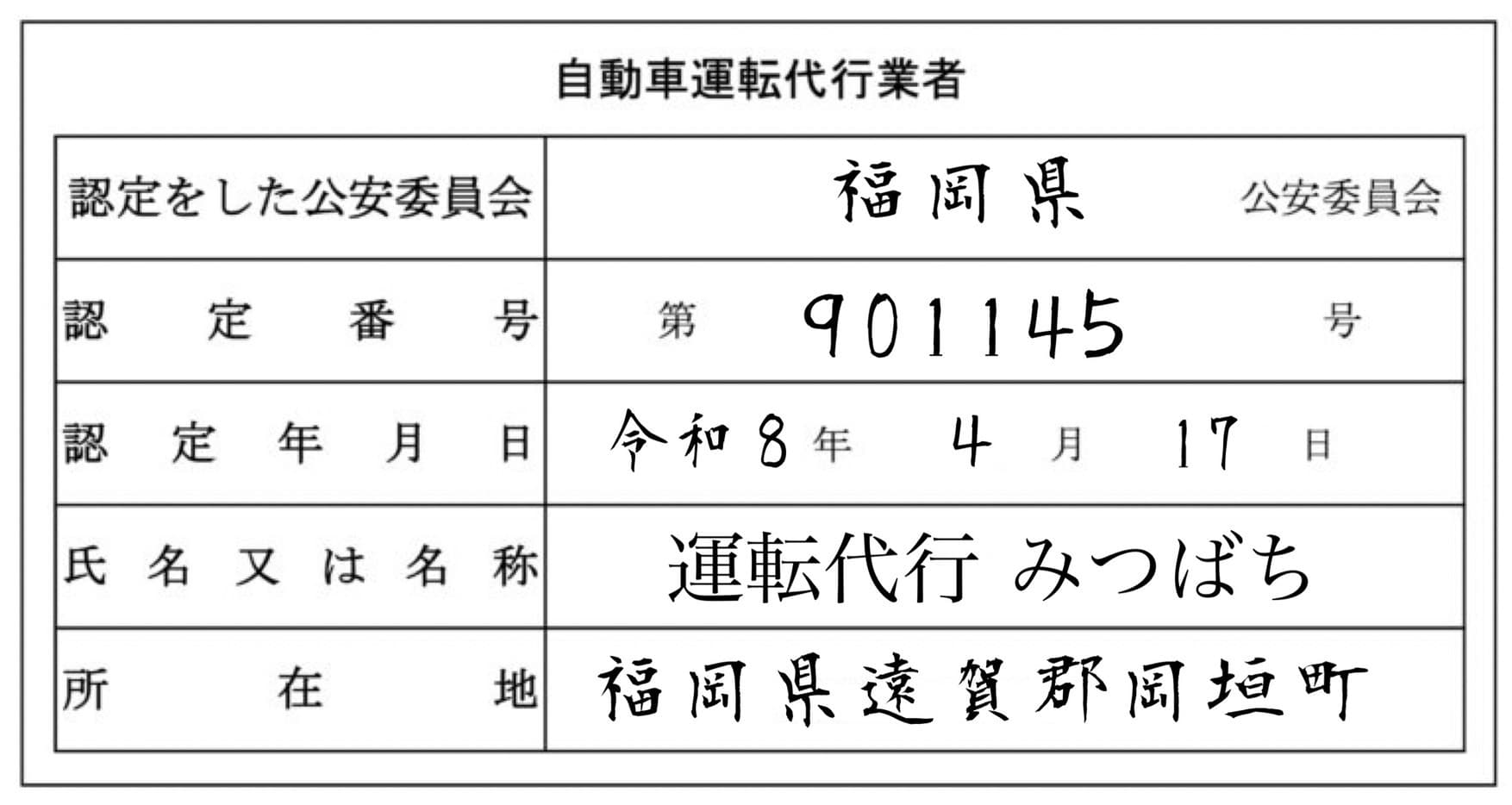 福岡県公安委員会 認定証（自動車運転代行業者）　認定番号 第901145号　認定年月日 令和8年4月17日　氏名又は名称 運転代行 みつばち　所在地 福岡県遠賀郡岡垣町